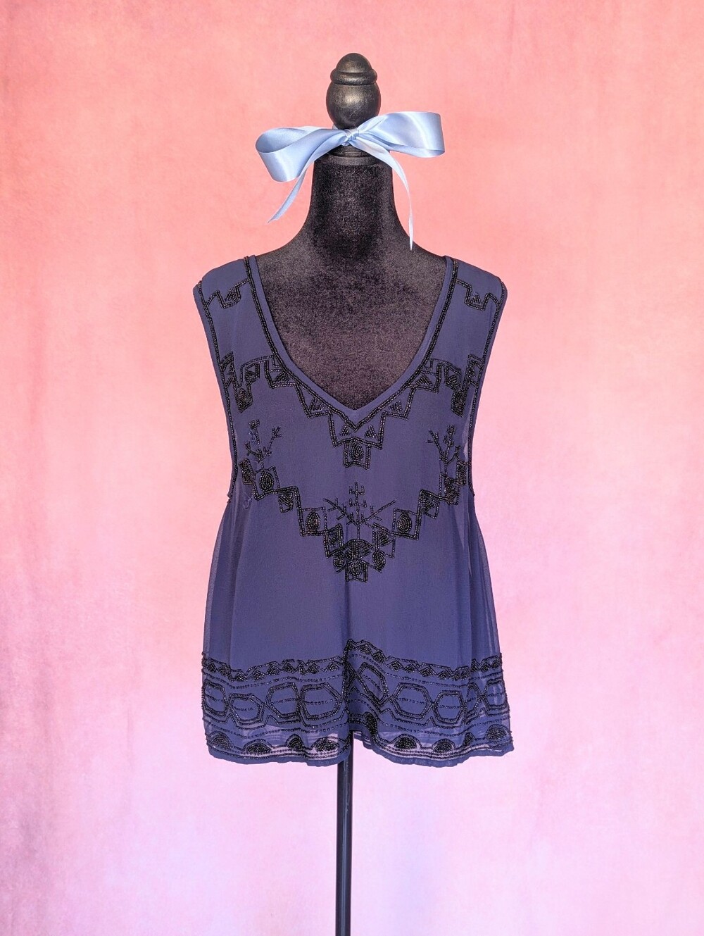 Free People Navy Beaded Tunic Top Artisan Boho